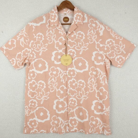 Common People Shirt Mens Medium Pink Floral Camp Collar Cropped Knit 60s 70s - Picture 1 of 11